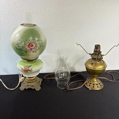 Vintage Hand-Painted Milk Glass and Brass Lamps