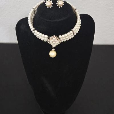 3-Strand Faux Pearl Choker Necklace with Earrings