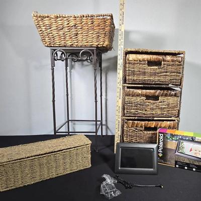3-drawer organizer, baskets, metal stand, Polaroid digital picture frame 