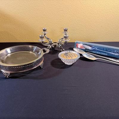 Candle Holder, Serving Platter, And Silver Played Serving Spoons 