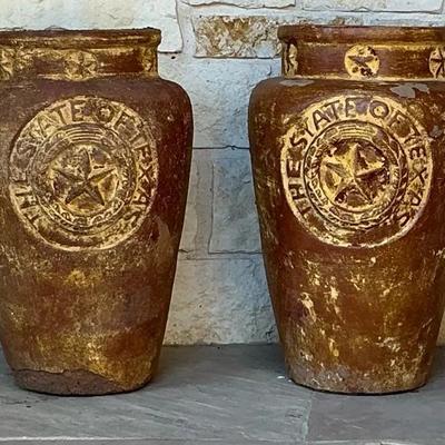 Two Large Clay Texas Decorated Planters 