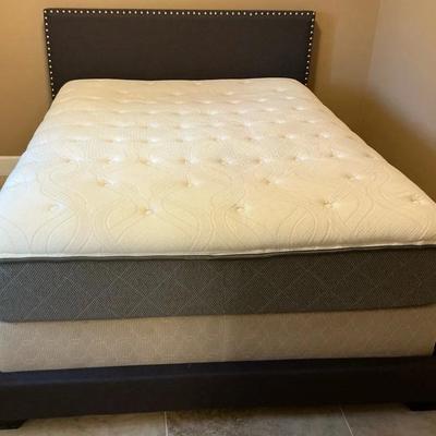 Fabric Covered Studded Queen Bed & Mattress 