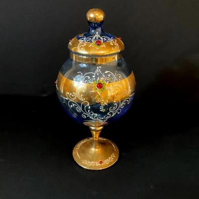 Vintage Bohemian Blue Glass Apothecary Jar With Lid