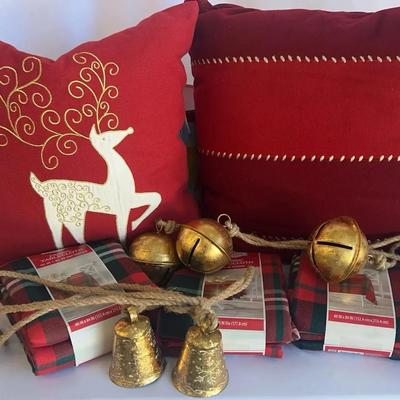 Holiday Pillows, Tablecloth, & Jingle Bells