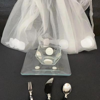 Serveware: Decorated Plata And Bowl, Spoon, Fork And Speading Knife; Sheer White Apron 