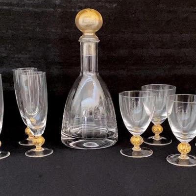Vintage Murano Italian Hand Blown Glass: Wine Glasses, Goblets And Decanter With 24k Gold Infused