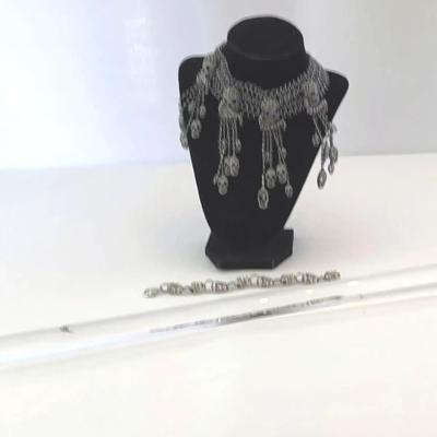 Natasha Couture Gunmetal Skull Necklace w/ Rhinestones/fringe Bib, Bright Skull Bracelet, Skull Wand