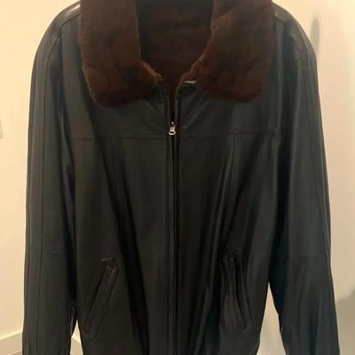Brown Shearred  Beaver And Leather Jacket With Mens Leather Gloves