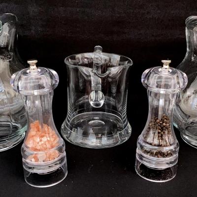Clear Glass Pitchers And Salt & Pepper Mills