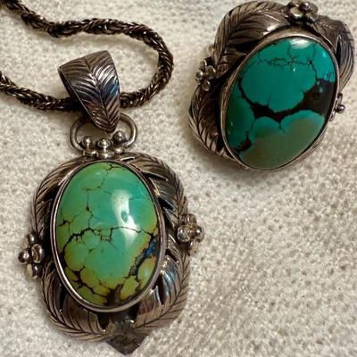 Vintage .925 silver turquoise pendant and ring set 