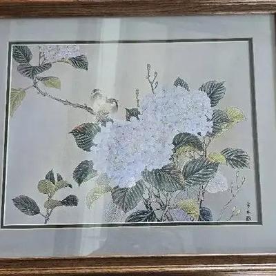 Vintage Mid Century Asian Birds Flower Glistening On Silver Foil Frame