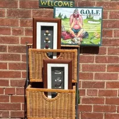 Golf Themed Art & Home Decor With Wicker Style Shelf/Cabinet