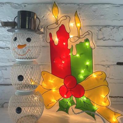 Vintage North Light Window Decor And Mesh Snowman 