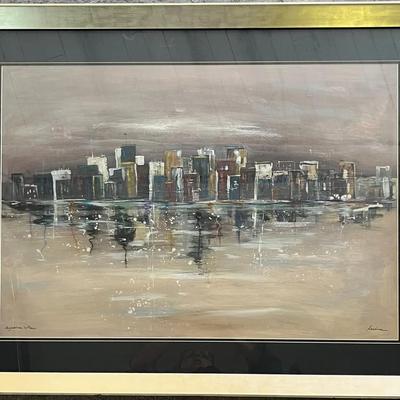 Augustine Tien Oil on Board Mid Century City Skyline