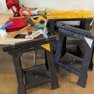 Various Hand Tools With Buffer, Augers, Level, 3 Sets Of Plastic Sawhorses, Etc