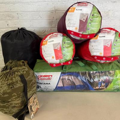 Camping Supplies W/ Coleman Montana 8-Person Tent, Sleeping Bags, Etc