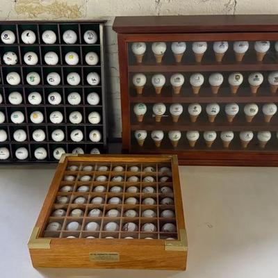 3 Wooden Display Cases Full Of Promo & Commemorative Golf Balls