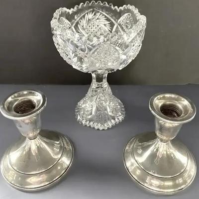 Towle Sterling Weighted Candlesticks With Vintage Crystal Compote Dish