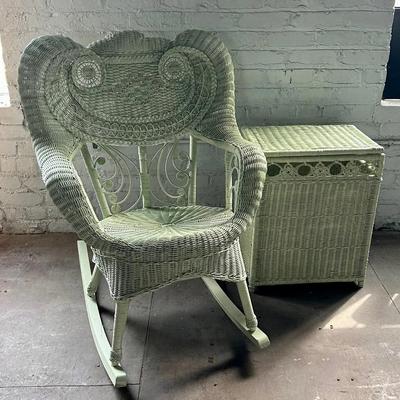 Seafoam Green Painted Victorian Style Rocking Chair And Hamper 