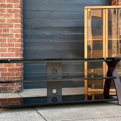 Glass-Front Oak Media Storage Cabinet with Glass and Metal Television and Media Stand