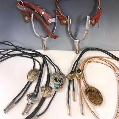 Western Riding Spurs With Metal And Leather Bolo Ties 
