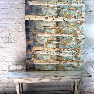Rustic Style Gray-Washed Wooden Bench W/ Large Art Print On Canvas