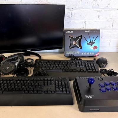 Computer Gaming Setup Pieces/Parts With Monitor, Keyboards, Arcade Stick F300 & More
