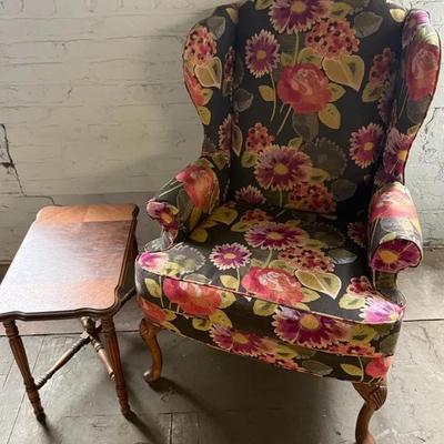 Floral Upholstered Arm Chair, Plus Small Vintage Accent/Side Table