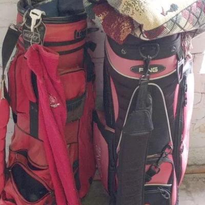 Ping and Bullet Golf Bags With Throw and Miscellaneous Golf Clubs
