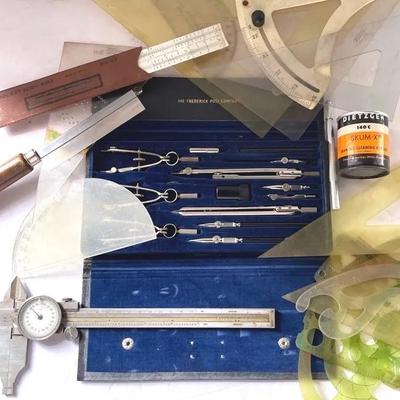 Vintage Helios Caliper, Post Design Mechanical Drafting Tools With Other Vintage Drafting Items 