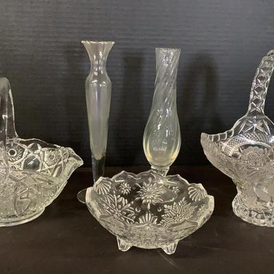 Selection Of Glassware, Including Pressed Glass Basket Vases, Bud Vases And Bowl