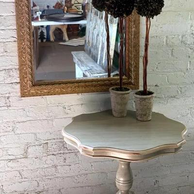 Scalloped Gray Accent Table W/ Gilded Mirror & 2 Topiaries