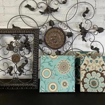 Metal Wall Decor With Three Canvas Art Panels