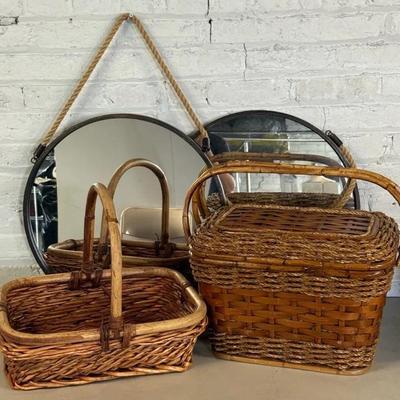 Home Decor (4 Pieces) With Baskets & Round Hanging Rope Mirrors
