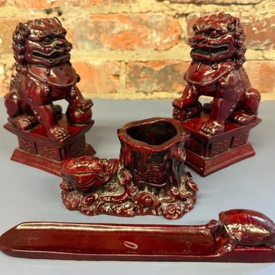 Vintage Resin Figures (4) With Chinese Foo Dogs, Frog & Turtle Incense Burner