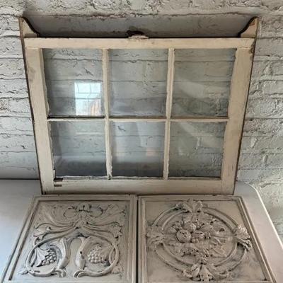Antique Salvaged Window, White, Plus 2 Shabby Chic Style Wall Plaques 