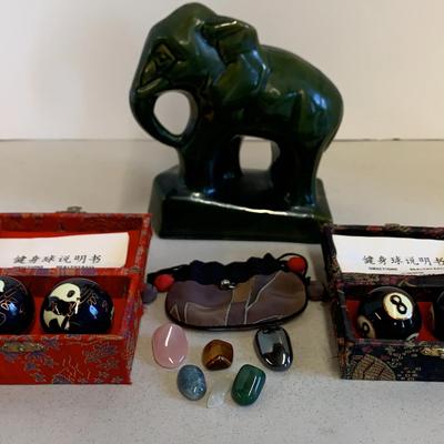 Oriental “Healthy Balls”, Green Ceramic Elephant And Colorful Stones In A Silk Pouch