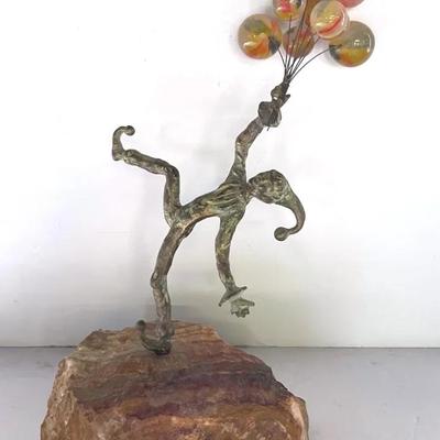 Bijan Art Metal Sculpture Of Jester With Balloons On Quartz Base