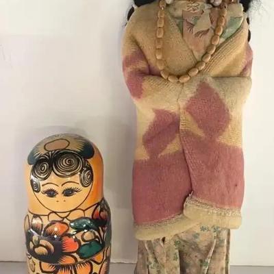 Antique Skookhum 'Bully Good' Native American Indian Doll, Plus Soviet Nesting Dolls