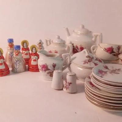 Vintage Childs Tea Set "Moss Rose" Made In Japan  And 10 Vintage Mini Bells