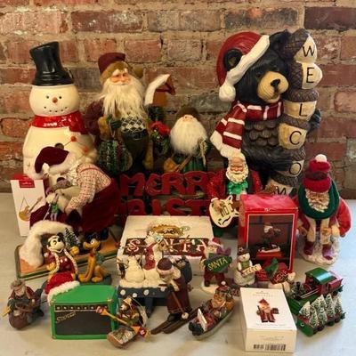 Christmas Decor With Santas, Ornaments, Snowman, Bear Statue, Etc
