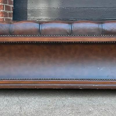 Faux Leather and Brass Tacked, Tufted Wood Bench 