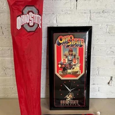 Ohio State (OSU) Collectibles With Lacquered Wall Clock, Folding Chair, Car Flag