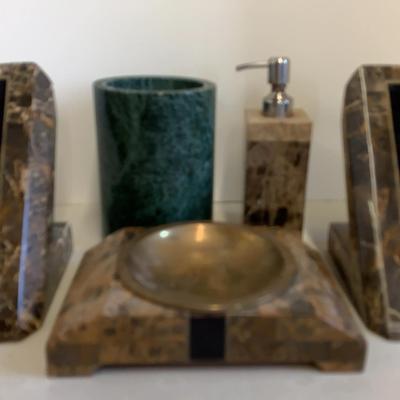 MCM Marble Bookends, Ashtray, Lotion Dispenser And Marble Wine Cooler