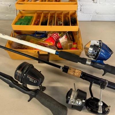 Fishing Gear With Poles (3), Tackle Box Filled With Lures, Etc