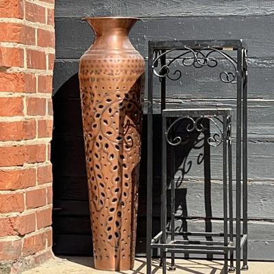 Decorative Pierced Metal Floor Vase With Mosaic Tile Top Nesting Tables 
