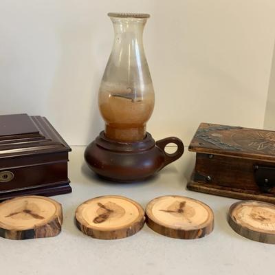 Wooden Boxes, Wood And Glass Hurricane Lamp and Four Wooden Coasters