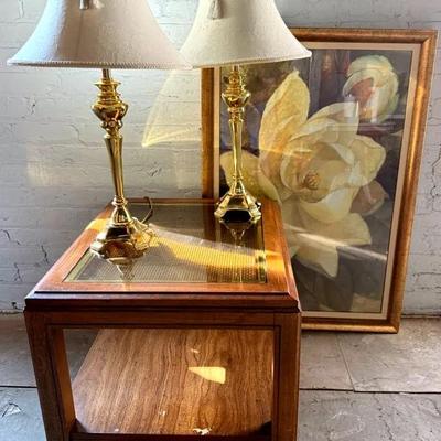 Bassett Furniture Cane Glass Top Table, Pair Brass Lamps & Large Floral Print