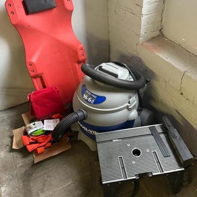 Garage/Auto Items & Power Tools With Contractor Shop Vac, Router, Creeper ++