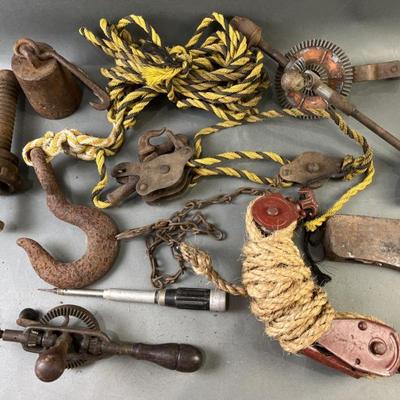 Sale Photo Thumbnail #44: Lot 60 – Vintage Pulleys & Rustic Tools